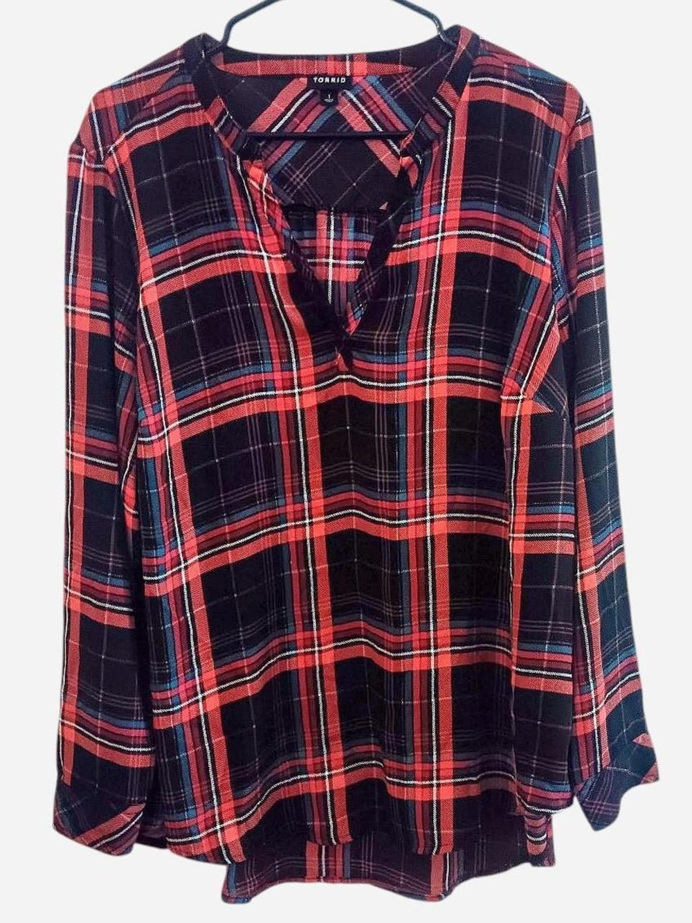 Torrid Red & Black Plaid Long-Sleeve V-Neck Top